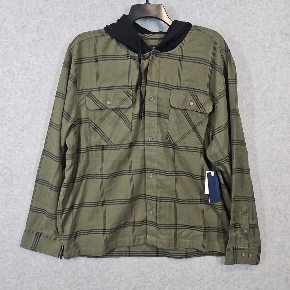 Trinity Coast Plaid Flannel Hooded Button-Up Shirt Olive Green Black XL NWT